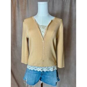 August Silk Petite PL Beige Ribbed Knit Silk Blend Top • Lace Inset